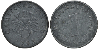 ГЕРМАНИЯ 1 РЕЙХСПФЕННИГ 1942 D J 369, KM 97 цинк 72-1669