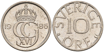 Швеция 10 эре 1986 Карл XVI Густав (1973- ) KM 850 медно-никель 4585-433