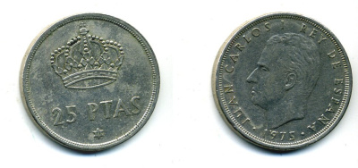 Испания 25 песет 1975 (76) Хуан Карлос I (1975-2014) KM 808 медно-никель 36-355