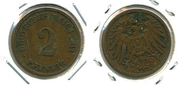 ГЕРМАНИЯ 2 ПФЕННИГА 1911 D KM 16, J.11 медь 701-523