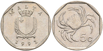 Мальта 5 центов 1991 краб KM 95 медно-никель 4588-122