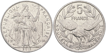 Французская Новая Каледония 5 франков 2016 птица кагу, (IEOM) KM 16, Schoen 12, Lec 81k алюминий 4117-1246