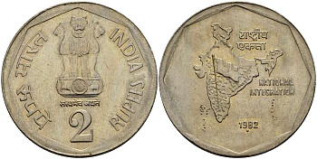 Индия 2 рупии 1982 карта KM 121.1 медно-никель XF-UNC 4512-225