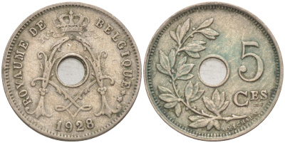 БЕЛЬГИЯ 5 САНТИМОВ 1928 BELGIQUE KM 66 медно-никель 187-938