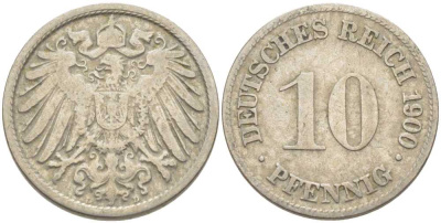 Германия 10 пфеннигов 1900 D KM 12, J. 13 медно-никель 210-635