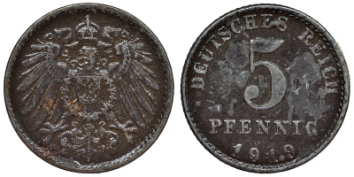 Германия 5 пфеннигов 1919 A KM 19, J. 297, Weege 5 железо 4118-1243