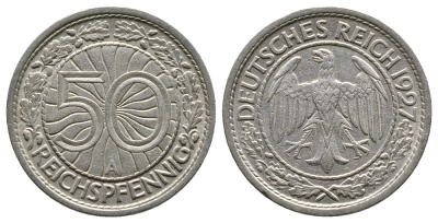 Германия 50 рейхспфеннигов 1927 A KM 49, J. 324 никель 4380-346