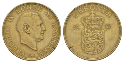 Дания 2 кроны 1957 C, Фредерик IX (1947-1972) KM 838 алюминиевая бронза 4653-1144