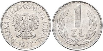 ПОЛЬША 1 ЗЛОТЫЙ 1977 MW KM 49.1 алюминий UNC 106-532
