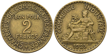 Франция 2 франка 1925 Третья республика (1871-1940) KM 877, Le Franc 267.7 алюминиевая бронза 4144-323