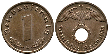 Германия 1 рейхспфенниг 1938 A KM 89, J. 361 бронза    220-313