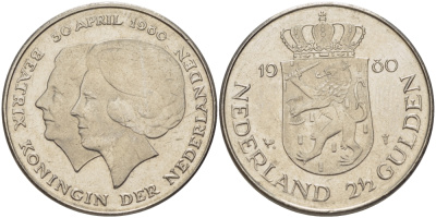 Нидерланды 2 1/2 гульдена 1980 коронация Беатрикс, 30 апреля 1980 KM 201 никель 38-132