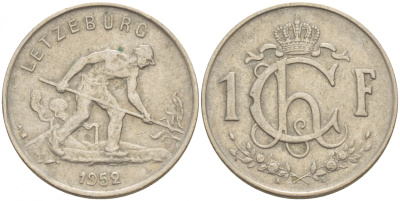ЛЮКСЕМБУРГ 1 ФРАНК 1952 СТАЛЕВАР KM 46.2 медно-никель 4548-1037