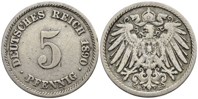 ГЕРМАНИЯ 5 ПФЕННИГОВ 1890 E KM 11, Jager 12, Weege 6 медно-никель 4547-321