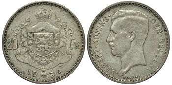 Бельгия 20 франков 1934 Альберт I (1909-1934), Der Belgen KM 104.1 серебро 443-621