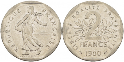 ФРАНЦИЯ 2 ФРАНКА 1980 СЕЯТЕЛЬ KM 942.1, LE FRANC 272.4 никель 213-1225