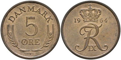 ДАНИЯ 5 ЭРЕ 1964 С; S; ФРЕДЕРИК IX (1947-1972) KM 848.1 бронза 113-754