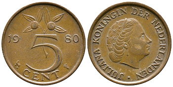 Нидерланды 5 центов 1980 Юлиана (1948-1980) KM 181 бронза 3999-951