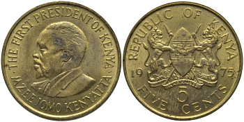 Кения 5 центов 1975 Джомо Кениата KM 10 никель латунь UNC 181-533