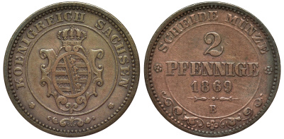 Саксония 2 пфеннига 1869 В, Иоганн (1854-1873) KM 1217, Jaeger 121, AKS 155 медь 75-1123