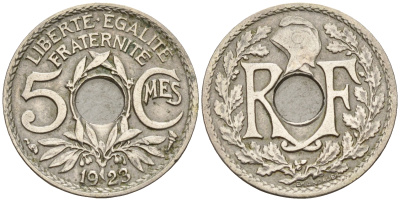 Франция 5 сантимов 1923 тип Линдайе KM 875   медно-никель    4152-1217