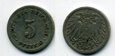 ГЕРМАНИЯ 5 ПФЕННИГОВ 1900 A, KM 11, J. 12 медно-никель 58-555