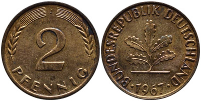 ФРГ 2 ПФЕННИГА 1967 J KM 106, Jager 381 бронза 4546-944