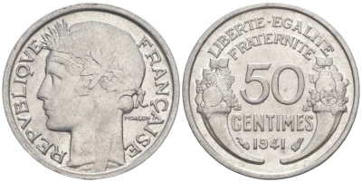 ФРАНЦИЯ 50 САНТИМОВ 1941 ТИП MORLON LOURDE KM 894.1a, LE FRANC 193.2 алюминий 44-226