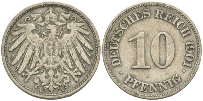 ГЕРМАНИЯ 10 ПФЕННИГОВ 1901 E KM 12, J. 13 медно-никель 4401-1225