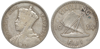 Фиджи 1 шиллинг 1934 Георг V (1910-1936), парусник KM 4 серебро    91-1013