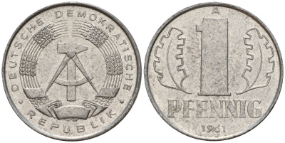 ГДР 1 пфенниг 1961 A KM 8.1 алюминий 39-1119