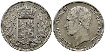 Бельгия 5 франков 1850 Леопольд I (1831-1865) KM 17 серебро 00-1067-9-41