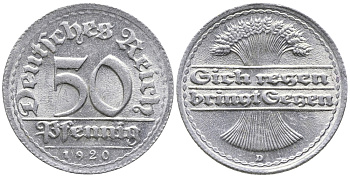 ГЕРМАНИЯ 50 ПФЕННИГОВ 1920 D KM 27, J. 301 алюминий 24-942