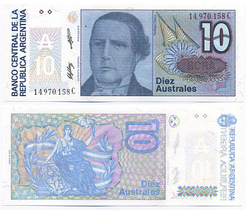 АРГЕНТИНА 10 АУСТРАЛЕЙ 1989 СЕРИЯ С 14970, САНТЬЯГО ДЕРКИ, ПРЕЗИДЕНТ АРГЕНТИНЫ Pick 325b бумага UNC (ПРЕСС) 7148-33-2