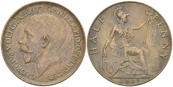 Великобритания 1/2 пенни 1913 Георг V (1910-1936) KM 809, Spink 4056 бронза 4523-341