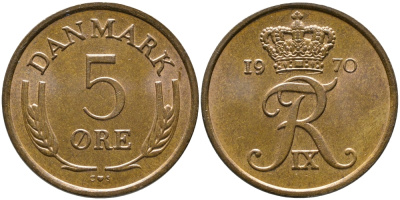 ДАНИЯ 5 ЭРЕ 1970 C; S, ФРЕДЕРИК IX (1947-1972) KM 848.1 бронза 28-1055