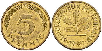 ФРГ 5 пфеннигов 1990 G KM 107, J.382 сталь плакированная латунью 4174-1069