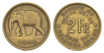 Бельгийское Конго 2 франк 1946 Леопольд III (1934-1951) KM 28 латунь 4655-612