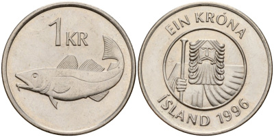 Исландия 1 крона 1996 треска KM 27a сталь плакированная никелем 4141-151