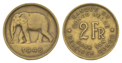 Бельгийское Конго 2 франк 1946 Леопольд III (1934-1951) KM 28 латунь 4655-612