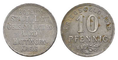 Бохум, Гельзенкирхен, Хаттинген 10 пфеннигов 1918 Funck 49.1, Men05 3022.1, Men18 3860.1 железо 4636-746