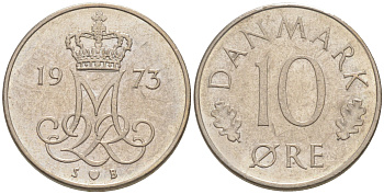 ДАНИЯ 10 ЭРЕ 1973 S; B, МАРГРЕТЕ II (1972-) KM 860.1 медно-никель 187-654