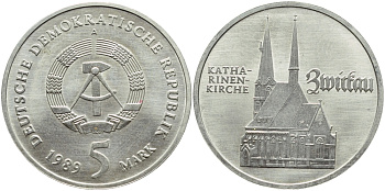 ГДР 5 марок 1989 A, Катариненкирхе в Цвиккау КМ 129 медь цинк никель UNC 4394-236