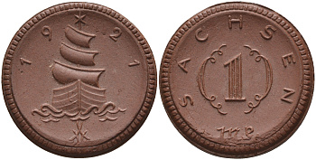 Саксония 1 марка 1921 парусник J. N 55 фарфор 1094-4-72