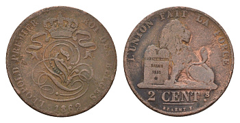 Бельгия 2 сантима 1862 Леопольд I (1831-1865) KM 4 медь 4151-313