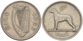 Ирландия 6 пенсов 1963 ирландский волкодав KM 13a медно-никель 4146-453