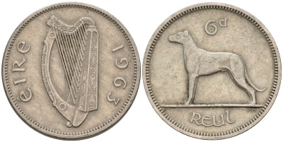 Ирландия 6 пенсов 1963 ирландский волкодав KM 13a медно-никель 4146-453