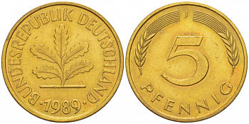 ФРГ 5 ПФЕННИГОВ 1989 J KM 107, J. 382 сталь плакированная латунью 4396-1654