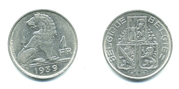 Бельгия 1 франк 1939 Леопольд III (1934-1950), Belgique-Belgie, лев KM 119 никель 25-416