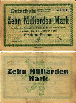ПАССАУ 10000000000 МАРОК 1923 НОТГЕЛЬД, 25 ОКТЯБРЯ 1923, ЗЕМЛЯ БАВАРИЯ бумага 6279-3-1-1